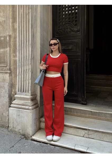 Crop Pantolon Biyeli Takım Kırmızı