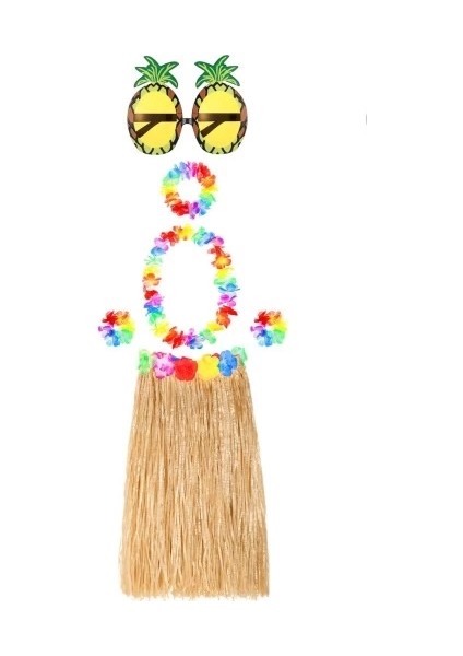 Hawaii Parti Kostüm Seti - 60 cm Hasır Etek, Çiçekli Aksesuarlar ve Ananas Gözlük fiyatları