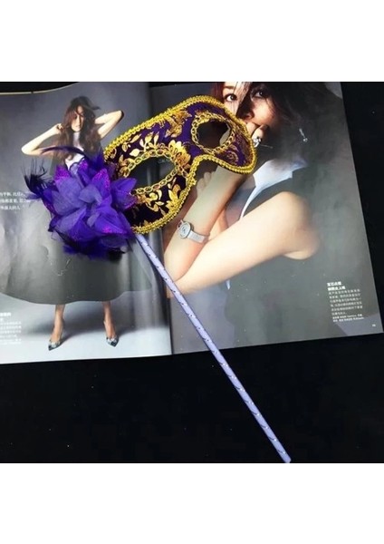 Lüks Taşlı Saplı Balo Maskesi Mor Renk