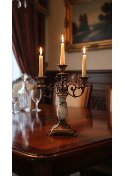 El Yapımı Mermer Taşlı Bronz Şamdan