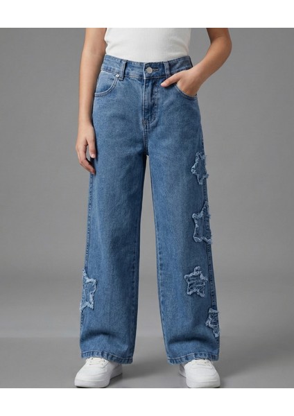 Kız Çocuk Yıldızlı Likralı Kalın Kot Pantolon