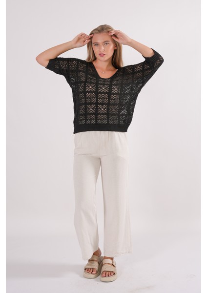 Triko Bluz Yazlık Kazak Dantel Ajurlu Etnik Desenli Yarasa Kollu Kayık Yaka Pareo Kadın Bluz