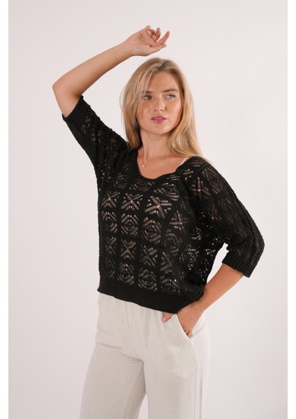 Triko Bluz Yazlık Kazak Dantel Ajurlu Etnik Desenli Yarasa Kollu Kayık Yaka Pareo Kadın Bluz fırsatları