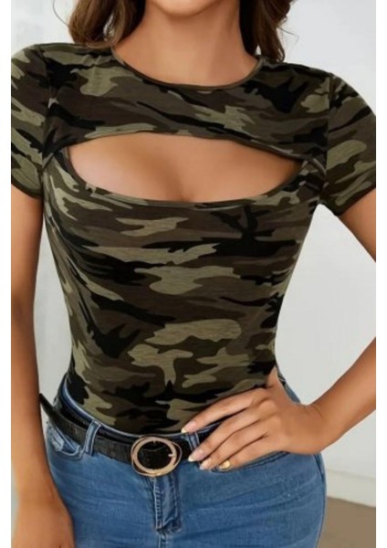 Bisiklet Yaka Göğüs Dekolteli Süprem Bluz - Yeşil