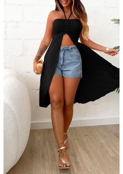 Boyundan Bağlamalı Önü Açık Uzun Bluz - Siyah