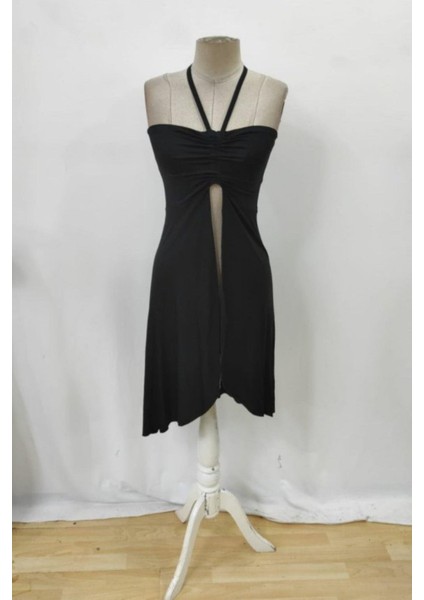 Boyundan Bağlamalı Önü Açık Uzun Bluz - Siyah modelleri