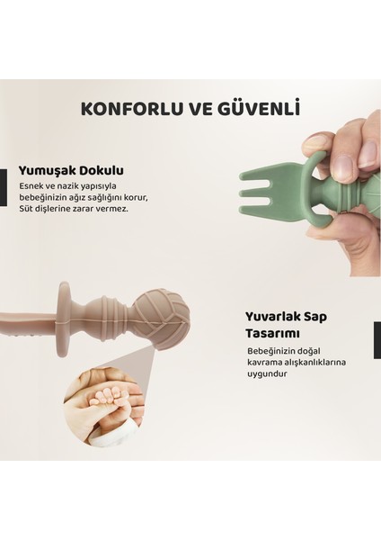 Silikon Bebek Kaşık Çatal Seti 4’lü, Blw, Gıda Sınıfı Silikon, Krem Yeşil fiyatları