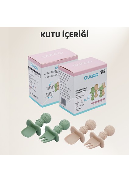 Silikon Bebek Kaşık Çatal Seti 4’lü, Blw, Gıda Sınıfı Silikon, Krem Yeşil