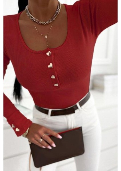 Düğmeli Uzun Kollu Kaşkorse Bluz - Kırmızı fiyatları