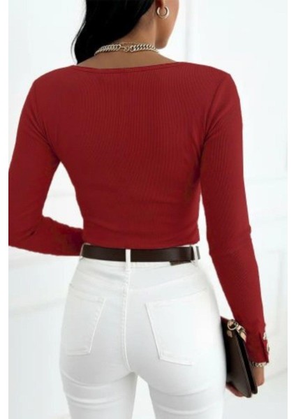 Düğmeli Uzun Kollu Kaşkorse Bluz - Kırmızı modelleri