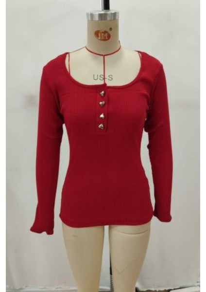 Düğmeli Uzun Kollu Kaşkorse Bluz - Kırmızı fırsatları