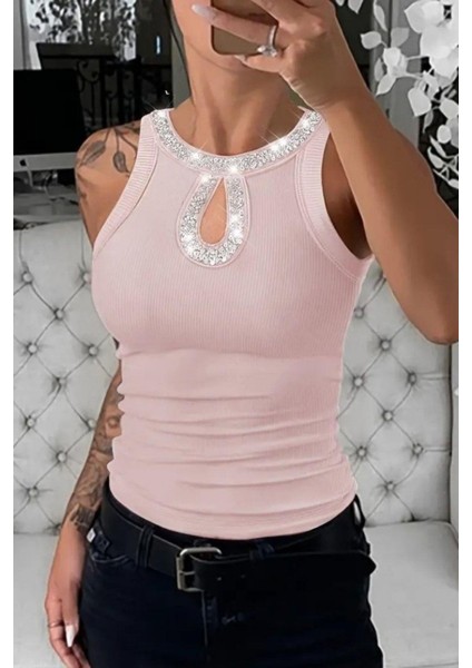 Taş Detaylı Yaka Dekolteli Kaşkorse Bluz - Pembe fiyatları