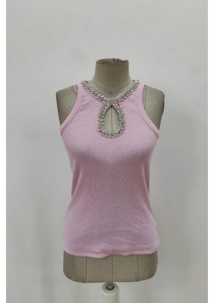 Taş Detaylı Yaka Dekolteli Kaşkorse Bluz - Pembe fırsatları