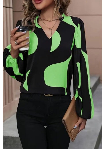 V Yaka Desenli Modal Bluz - Yeşil fiyatları