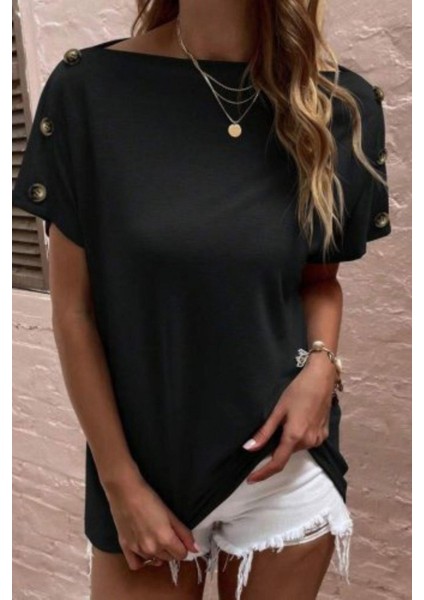 Düşük Omuz Düğme Detaylı Salaş Viskon Bluz- Siyah fiyatları
