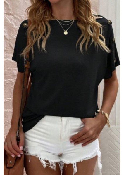 Düşük Omuz Düğme Detaylı Salaş Viskon Bluz- Siyah modelleri