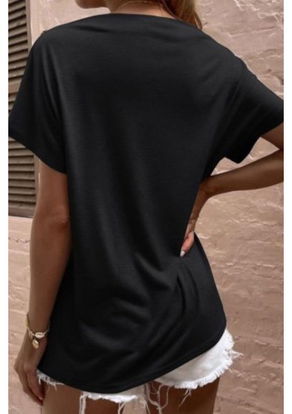 Düşük Omuz Düğme Detaylı Salaş Viskon Bluz- Siyah fırsatları