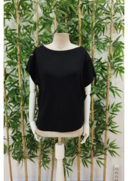 Düşük Omuz Düğme Detaylı Salaş Viskon Bluz- Siyah indirimleri