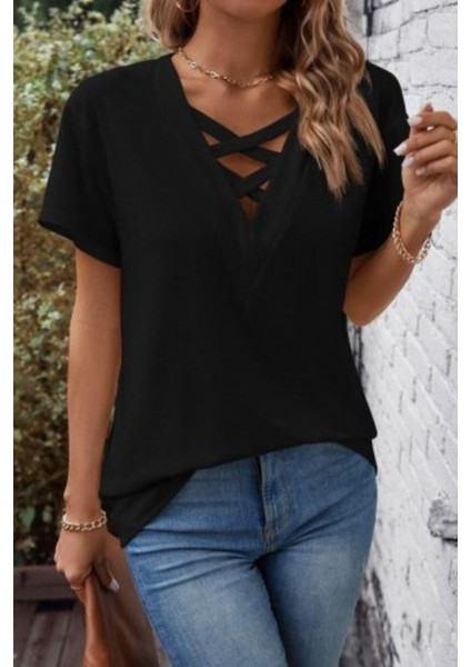 Kısa Kollu Göğüs Dekolteli Çapraz Bağcık Detaylı Bluz - Siyah modelleri