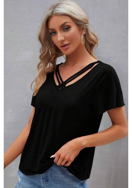 Kısa Kollu Şerit Detaylı Viskon Bluz - Siyah