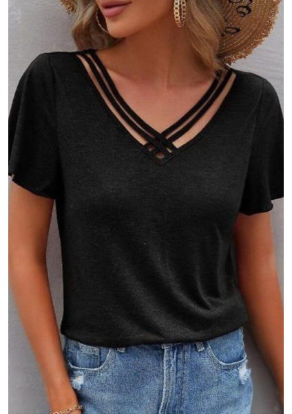 Kısa Kollu Şerit Detaylı Viskon Bluz - Siyah fiyatları