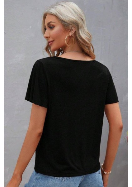 Kısa Kollu Şerit Detaylı Viskon Bluz - Siyah modelleri
