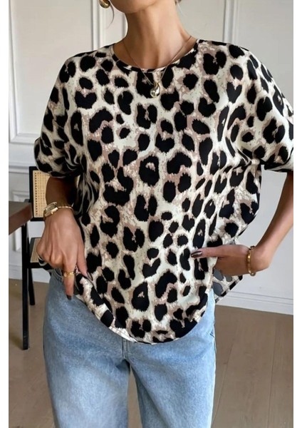 Bisiklet Yaka Fiyonk Detaylı Süprem Bluz - Leopar