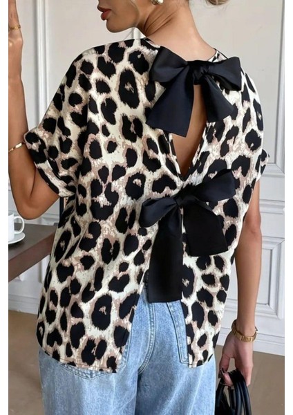 Bisiklet Yaka Fiyonk Detaylı Süprem Bluz - Leopar fiyatları