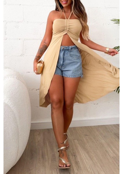 Boyundan Bağlamalı Önü Açık Uzun Bluz - Bej