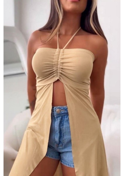 Boyundan Bağlamalı Önü Açık Uzun Bluz - Bej modelleri