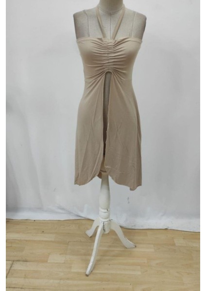 Boyundan Bağlamalı Önü Açık Uzun Bluz - Bej fırsatları