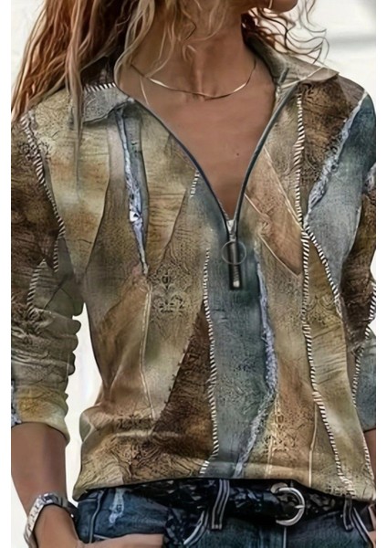 Uzun Kollu Fermuarlı Iki Iplik Bluz - Desenli