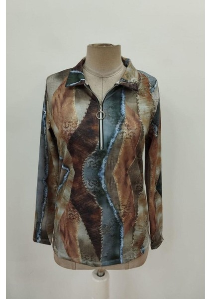 Uzun Kollu Fermuarlı Iki Iplik Bluz - Desenli fırsatları