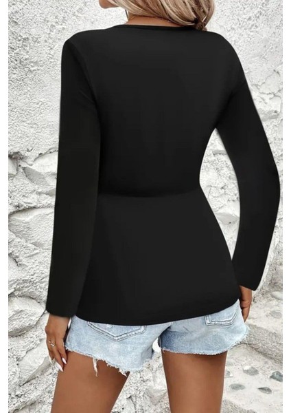 V Yaka Düğüm Detaylı Uzun Kollu Viskon Bluz - Siyah fiyatları