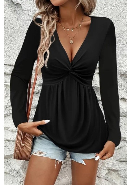 V Yaka Düğüm Detaylı Uzun Kollu Viskon Bluz - Siyah modelleri