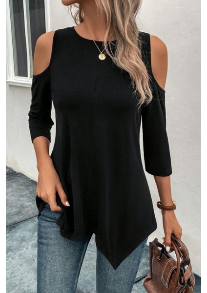 Omuz Dekolteli Asimetrik Kesim Viskon Bluz - Siyah