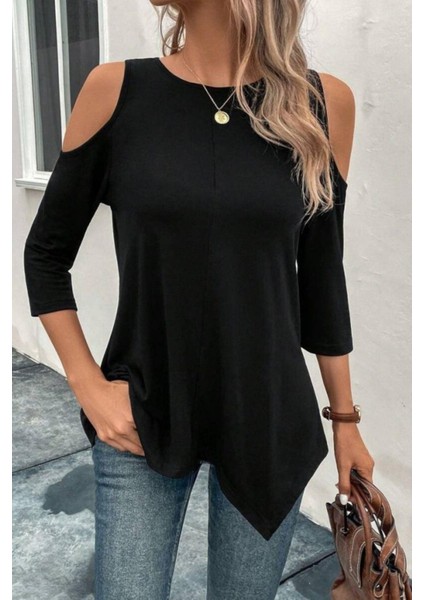 Omuz Dekolteli Asimetrik Kesim Viskon Bluz - Siyah modelleri