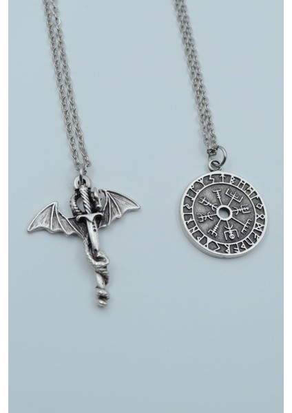 2'li Ejderha Kılıç Viking İşlemeli Pusula Gümüş Kaplama Kolye Seti