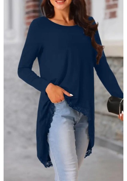 Asimetrik Kesim Dantel Detaylı Viskon Bluz - Lacivert