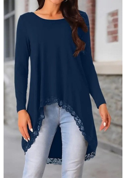 Asimetrik Kesim Dantel Detaylı Viskon Bluz - Lacivert fiyatları