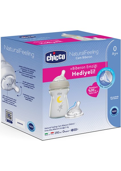 Natural Feeling Cam Biberon 250 ml Biberon Emziği Hediyeli (3 Adet)
