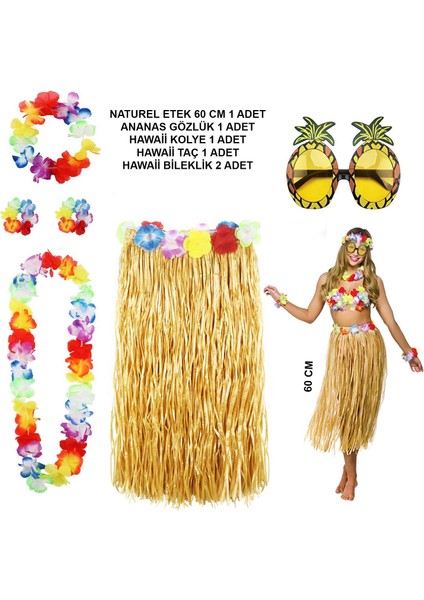 Hawaii Parti Kostüm Seti - 60 cm Hasır Etek, Çiçekli Aksesuarlar ve Ananas Gözlük (4940)