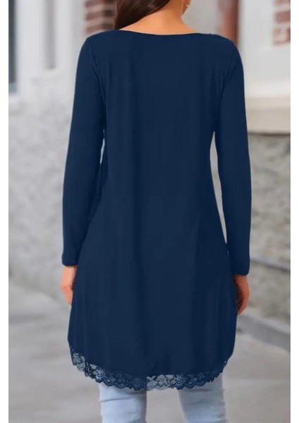 Asimetrik Kesim Dantel Detaylı Viskon Bluz - Lacivert modelleri
