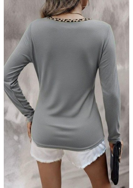 V Yaka Leopar Detaylı Kaşkorse Bluz - Gri fiyatları