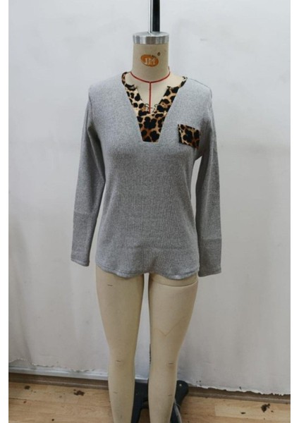 V Yaka Leopar Detaylı Kaşkorse Bluz - Gri fırsatları