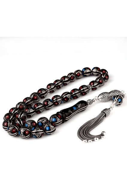 Kırmızı Mavi Mineli Erzurum Oltu Taşı 925 Ayar Gümüş Püsküllü Tesbih