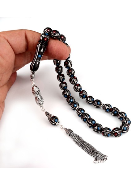 Kırmızı Mavi Mineli Erzurum Oltu Taşı 925 Ayar Gümüş Püsküllü Tesbih modelleri