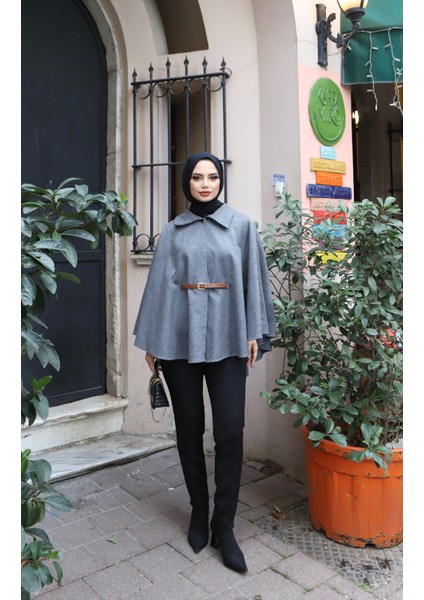 Kemerli Kaşe Pelerin