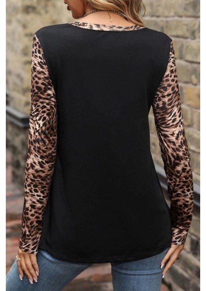 Leopar Kol Detaylı Fermuarlı Yaka Cepli Viskon Bluz - Siyah fiyatları