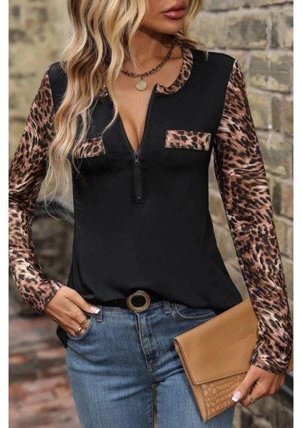 Leopar Kol Detaylı Fermuarlı Yaka Cepli Viskon Bluz - Siyah modelleri